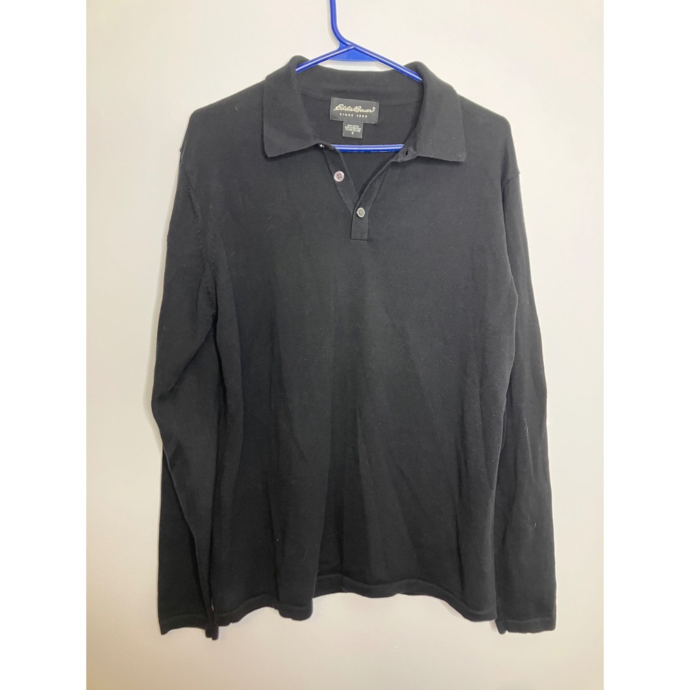 Eddie Bauer Polo Sweater Mens Small Black Excellent Long Sleeve Cotton Knit